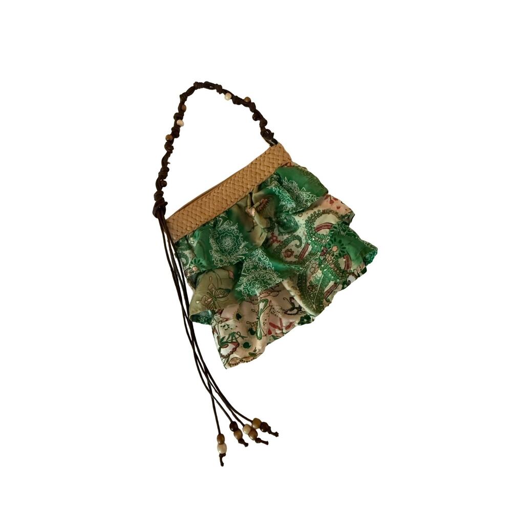 Capelli Straw Trim Scarf Purse Boho Beaded Handle Green Butterfly Print 8x7 Smal